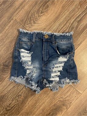 Red fox High-Waist Distressed Denim Shorts - Dark Blue stretch comfy y2k medium